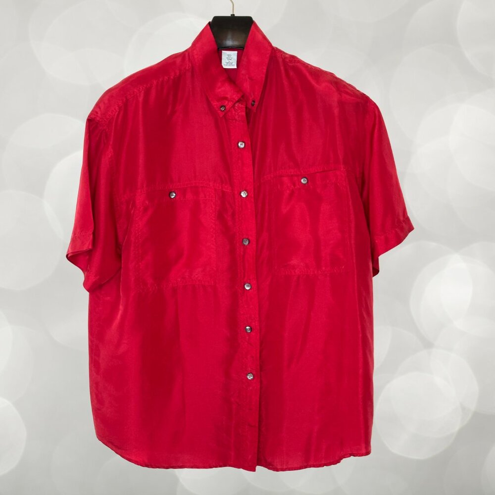 100% Pure Silk Red Button-Up Blouse, Large - Compagnie Internationale Express